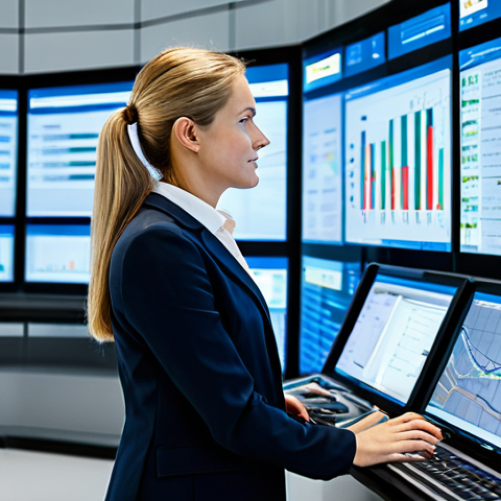 A professional female engineer, fully clothed in a modest, modern business casual outfit, standing confidently in a high-tech rail control center. She is interacting with a large, transparent digital display showing real-time train data, AI-driven logistics, and predictive maintenance analytics. The background features futuristic control panels and sleek, ergonomic workstations with multiple screens displaying complex digital twin models of rail networks. The scene is well-lit with soft, ambient lighting, emphasizing precision and innovation. Perfect anatomy, correct proportions, natural pose, well-formed hands, proper finger count, natural body proportions, professional photography, high quality, safe for work, appropriate content, fully clothed, professional, family-friendly.
