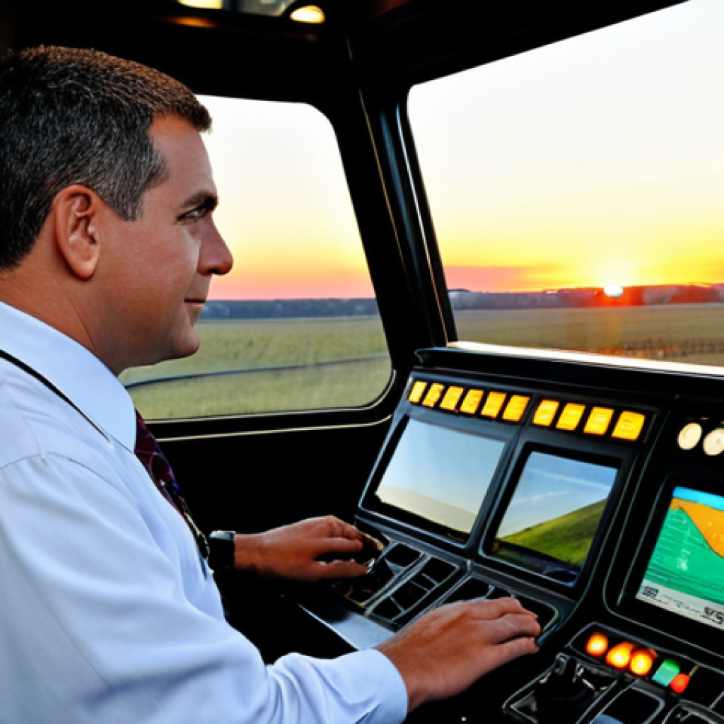 Inside the Locomotive Cab**

"A railroad engineer in appropriate work attire, focused on the controls in a modern locomotive cab. The scene showcases a blend of traditional gauges and modern digital displays. Outside, a vibrant sunset illuminates the passing landscape. Safe for work, fully clothed, professional, perfect anatomy, correct proportions, natural pose, high quality, appropriate content, family-friendly."

**