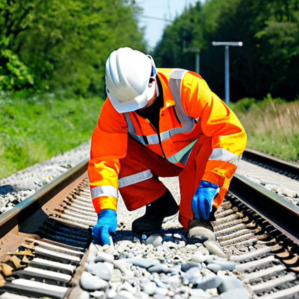Track Circuit Inspection**
"A railway maintenance worker, fully clothed in appropriate high-visibility safety gear, inspecting a track circuit with a multimeter. The scene is a sunny day on a railway track with ballast stones. Background shows green vegetation. Focus on the worker's hands and the test equipment. Professional photography, perfect anatomy, natural proportions, appropriate content, safe for work, professional."
**