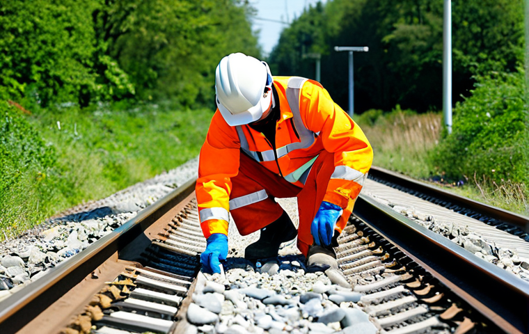Track Circuit Inspection**

"A railway maintenance worker, fully clothed in appropriate high-visibility safety gear, inspecting a track circuit with a multimeter. The scene is a sunny day on a railway track with ballast stones. Background shows green vegetation. Focus on the worker's hands and the test equipment. Professional photography, perfect anatomy, natural proportions, appropriate content, safe for work, professional."

**