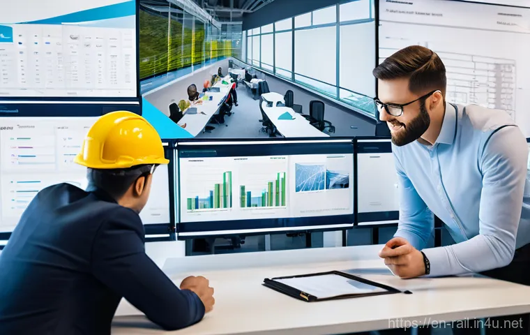 철도기사와 협력업체 관계관리 - **Prompt:** A diverse group of railway engineers and contractors, both men and women, are gathered a...