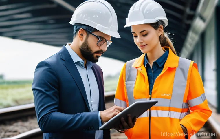 철도기사와 협력업체 관계관리 - **Prompt:** On an active, but safely managed, railway construction site, a railway engineer and a co...