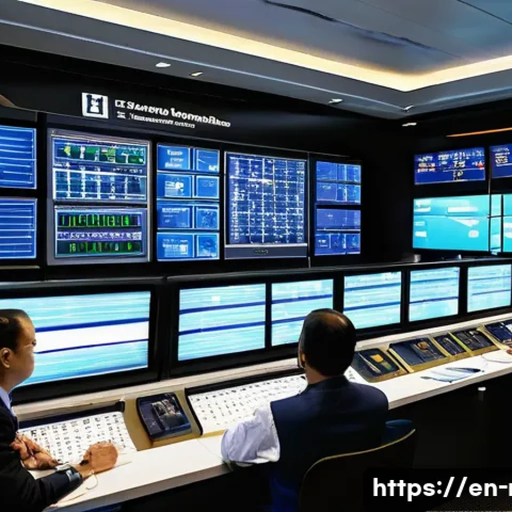 철도 실무 워크숍 후기 - A high-tech railway control room bustling with activity, featuring large digital screens displaying ...