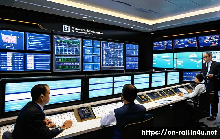 철도 실무 워크숍 후기 - A high-tech railway control room bustling with activity, featuring large digital screens displaying ...