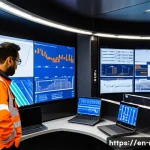 철도 유지보수 비용 절감 방안 - A high-tech railway maintenance control room filled with large digital screens displaying real-time ...