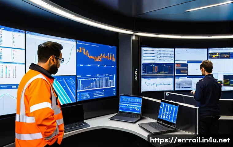 철도 유지보수 비용 절감 방안 - A high-tech railway maintenance control room filled with large digital screens displaying real-time ...