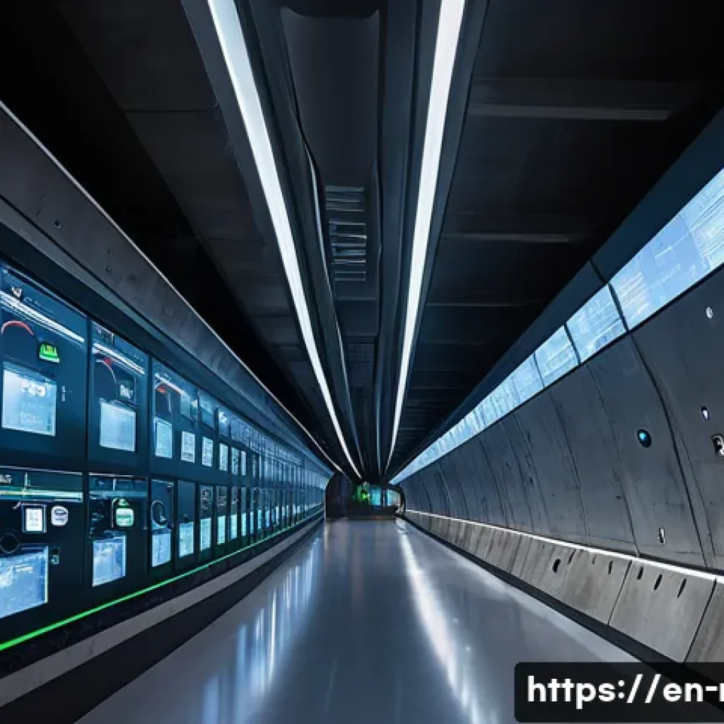 철도 터널 관리와 유지보수 - A high-tech railway tunnel interior showcasing an advanced sensor network embedded into the concrete...