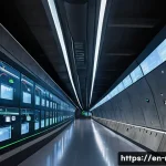 철도 터널 관리와 유지보수 - A high-tech railway tunnel interior showcasing an advanced sensor network embedded into the concrete...