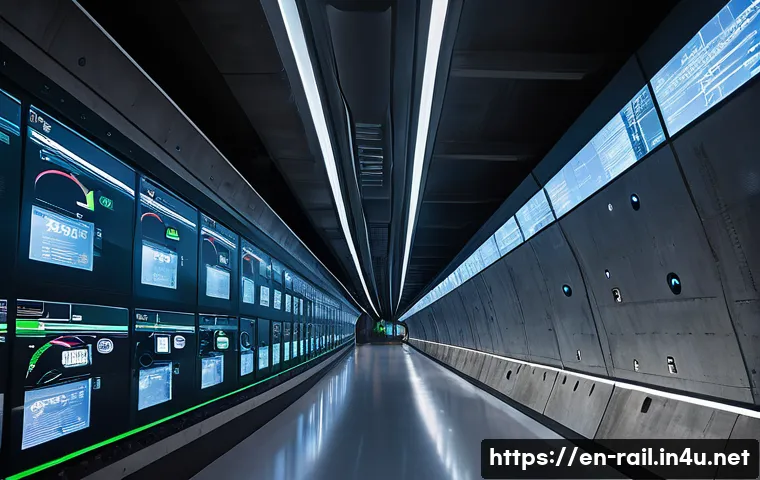 철도 터널 관리와 유지보수 - A high-tech railway tunnel interior showcasing an advanced sensor network embedded into the concrete...