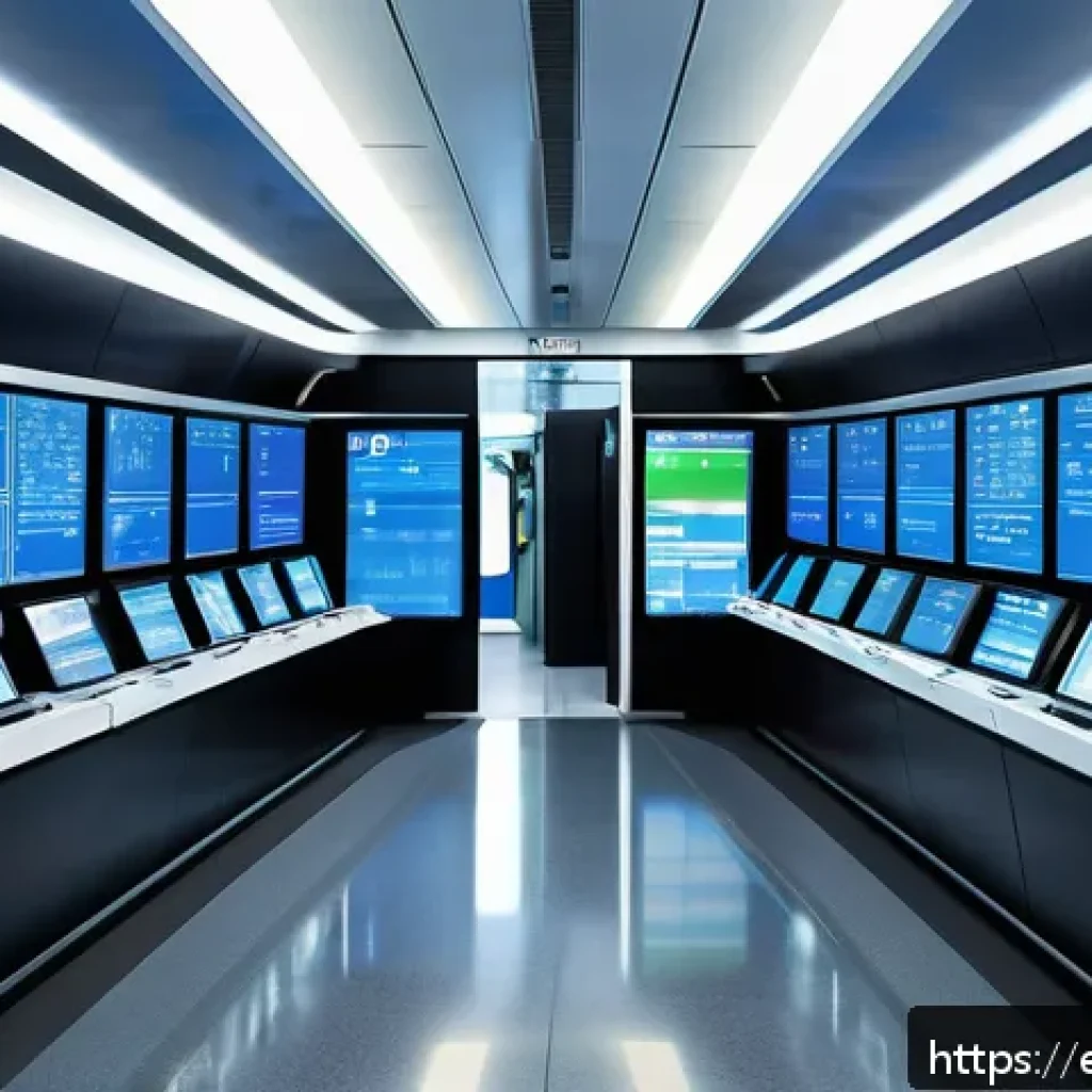 철도 신호 시스템의 역할 - A futuristic train control center filled with large digital screens displaying real-time train locat...