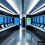 철도 신호 시스템의 역할 - A futuristic train control center filled with large digital screens displaying real-time train locat...