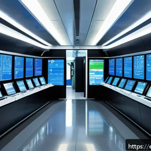 Home 32 철도 신호 시스템의 역할 - A futuristic train control center filled with large digital screens displaying real-time train locat...
