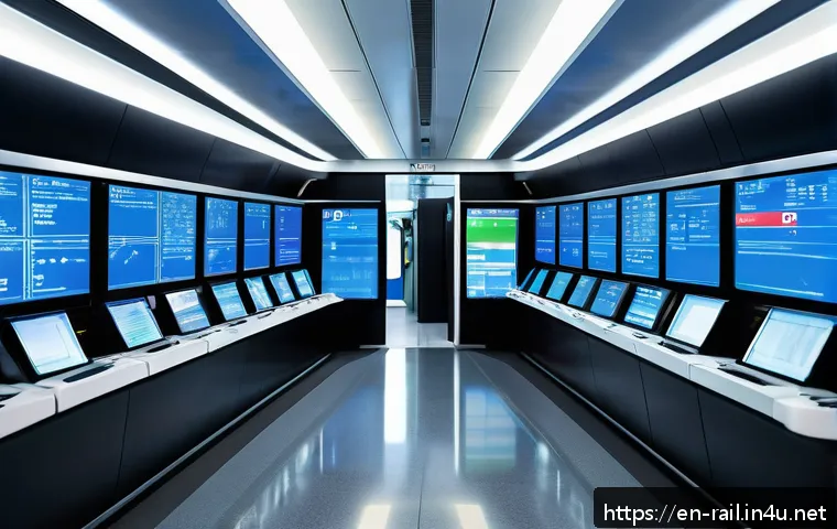 철도 신호 시스템의 역할 - A futuristic train control center filled with large digital screens displaying real-time train locat...