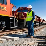 철도회사별 연봉 및 복지 비교 - A detailed, realistic scene of a diverse group of railroad employees from major US railroads such as...