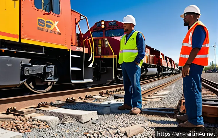 철도회사별 연봉 및 복지 비교 - A detailed, realistic scene of a diverse group of railroad employees from major US railroads such as...