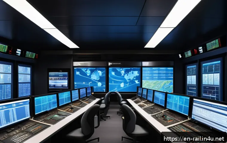철도기사와 관련된 공기업 취업 정보 - A modern railway control room bustling with activity, featuring diverse engineers and systems analys...