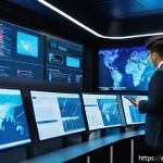 철도기사 이직 성공 전략 - A modern railway control center interior showcasing engineers monitoring multiple large digital scre...