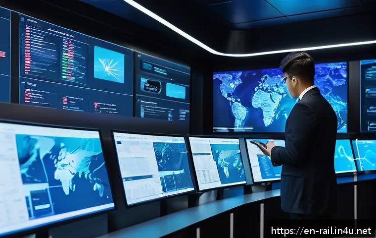 철도기사 이직 성공 전략 - A modern railway control center interior showcasing engineers monitoring multiple large digital scre...
